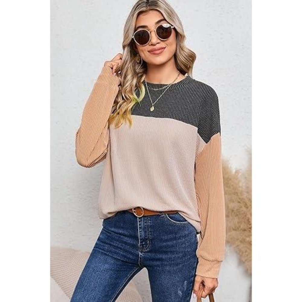 Dokotoo Womens Color Block Waffle Knit Top Size L Long Sleeve